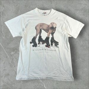 Vintage William Wegman Shirt Mens Large White 90s 1993 Art Tee Dog Roller-skates